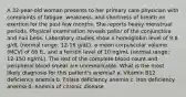 A 32-year-old woman presents to her primary care physician with complaints of fatigue, weakness, and shortness of breath on exertion for the past few months. She reports heavy menstrual periods. Physical examination reveals pallor of the conjunctiva and nail beds. Laboratory studies show a hemoglobin level of 9.8 g/dL (normal range: 12-16 g/dL), a mean corpuscular volume (MCV) of 68 fL, and a ferritin level of 10 ng/mL (normal range: 12-150 ng/mL). The rest of the complete blood count and peripheral blood smear are unremarkable. What is the most likely diagnosis for this patient's anemia? a. Vitamin B12 deficiency anemia b. Folate deficiency anemia c. Iron deficiency anemia d. Anemia of chronic disease