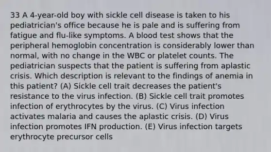 33 A 4-year-old boy with sickle cell disease is taken to his pediatrician's office because he is pale and is suffering from fatigue and flu-like symptoms. A blood test shows that the peripheral hemoglobin concentration is considerably lower than normal, with no change in the WBC or platelet counts. The pediatrician suspects that the patient is suffering from aplastic crisis. Which description is relevant to the findings of anemia in this patient? (A) Sickle cell trait decreases the patient's resistance to the virus infection. (B) Sickle cell trait promotes infection of erythrocytes by the virus. (C) Virus infection activates malaria and causes the aplastic crisis. (D) Virus infection promotes IFN production. (E) Virus infection targets erythrocyte precursor cells