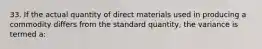 33. If the actual quantity of direct materials used in producing a commodity differs from the standard quantity, the variance is termed a: