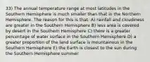 33) The annual temperature range at most latitudes in the Southern Hemisphere is much smaller than that in the Northern Hemisphere. The reason for this is that: A) rainfall and cloudiness are greater in the Southern Hemisphere B) less area is covered by desert in the Southern Hemisphere C) there is a greater percentage of water surface in the Southern Hemisphere D) a greater proportion of the land surface is mountainous in the Southern Hemisphere E) the Earth is closest to the sun during the Southern Hemisphere summer