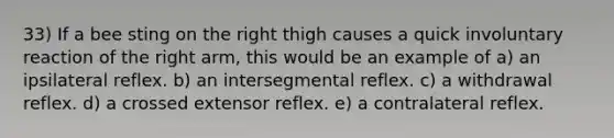 33) If a bee sting on the right thigh causes a quick involuntary reaction of the right arm, this would be an example of a) an ipsilateral reflex. b) an intersegmental reflex. c) a withdrawal reflex. d) a crossed extensor reflex. e) a contralateral reflex.