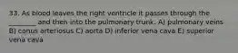 33. As blood leaves the right ventricle it passes through the ________ and then into the pulmonary trunk. A) pulmonary veins B) conus arteriosus C) aorta D) inferior vena cava E) superior vena cava