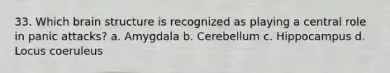 33. Which brain structure is recognized as playing a central role in panic attacks? a. Amygdala b. Cerebellum c. Hippocampus d. Locus coeruleus