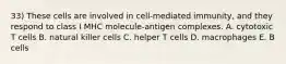 33) These cells are involved in cell-mediated immunity, and they respond to class I MHC molecule-antigen complexes. A. cytotoxic T cells B. natural killer cells C. helper T cells D. macrophages E. B cells