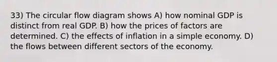 33) The circular flow diagram shows A) how nominal GDP is distinct from real GDP. B) how the prices of factors are determined. C) the effects of inflation in a simple economy. D) the flows between different sectors of the economy.