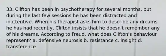 33. Clifton has been in psychotherapy for several months, but during the last few sessions he has been distracted and inattentive. When his therapist asks him to describe any dreams he has had recently, Clifton insists that he doesn't remember any of his dreams. According to Freud, what does Clifton's behaviour represent? a. defensive neurosis b. resistance c. insight d. transference