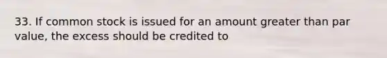 33. If common stock is issued for an amount greater than par value, the excess should be credited to