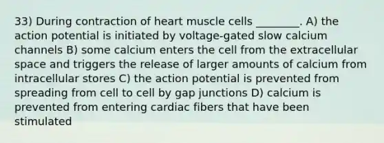 33) During contraction of heart muscle cells ________. A) the action potential is initiated by voltage-gated slow calcium channels B) some calcium enters the cell from the extracellular space and triggers the release of larger amounts of calcium from intracellular stores C) the action potential is prevented from spreading from cell to cell by gap junctions D) calcium is prevented from entering cardiac fibers that have been stimulated