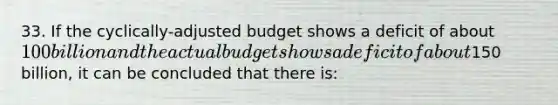 33. If the cyclically-adjusted budget shows a deficit of about 100 billion and the actual budget shows a deficit of about150 billion, it can be concluded that there is: