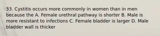 33. Cystitis occurs more commonly in women than in men because the A. Female urethral pathway is shorter B. Male is more resistant to infections C. Female bladder is larger D. Male bladder wall is thicker