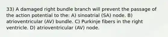 33) A damaged right bundle branch will prevent the passage of the action potential to the: A) sinoatrial (SA) node. B) atrioventricular (AV) bundle. C) Purkinje fibers in the right ventricle. D) atrioventricular (AV) node.