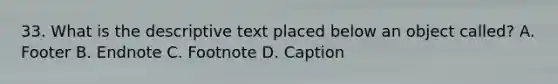 33. What is the descriptive text placed below an object called? A. Footer B. Endnote C. Footnote D. Caption