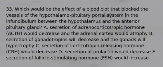 33. Which would be the effect of a blood clot that blocked the vessels of the hypothalamo-pituitary portal system in the infundibulum between the hypothalamus and the anterior pituitary gland? A. secretion of adrenocorticotropic hormone (ACTH) would decrease and the adrenal cortex would atrophy B. secretion of gonadotropins will decrease and the gonads will hypertrophy C. secretion of corticotropin-releasing hormone (CRH) would decrease D. secretion of prolactin would decrease E. secretion of follicle-stimulating hormone (FSH) would increase