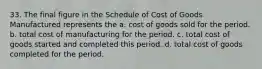 33. The final figure in the Schedule of Cost of Goods Manufactured represents the a. cost of goods sold for the period. b. total cost of manufacturing for the period. c. total cost of goods started and completed this period. d. total cost of goods completed for the period.