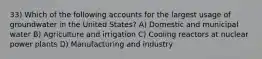 33) Which of the following accounts for the largest usage of groundwater in the United States? A) Domestic and municipal water B) Agriculture and irrigation C) Cooling reactors at nuclear power plants D) Manufacturing and industry