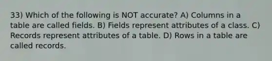 33) Which of the following is NOT accurate? A) Columns in a table are called fields. B) Fields represent attributes of a class. C) Records represent attributes of a table. D) Rows in a table are called records.