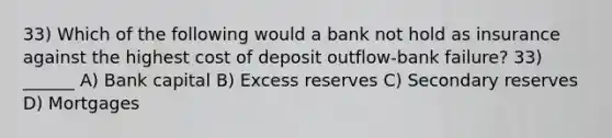 33) Which of the following would a bank not hold as insurance against the highest cost of deposit outflow-bank failure? 33) ______ A) Bank capital B) Excess reserves C) Secondary reserves D) Mortgages