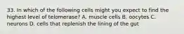 33. In which of the following cells might you expect to find the highest level of telomerase? A. muscle cells B. oocytes C. neurons D. cells that replenish the lining of the gut