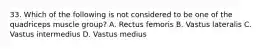 33. Which of the following is not considered to be one of the quadriceps muscle group? A. Rectus femoris B. Vastus lateralis C. Vastus intermedius D. Vastus medius