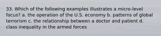 33. Which of the following examples illustrates a micro-level focus? a. the operation of the U.S. economy b. patterns of global terrorism c. the relationship between a doctor and patient d. class inequality in the armed forces