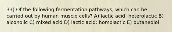 33) Of the following fermentation pathways, which can be carried out by human muscle cells? A) lactic acid: heterolactic B) alcoholic C) mixed acid D) lactic acid: homolactic E) butanediol