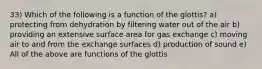 33) Which of the following is a function of the glottis? a) protecting from dehydration by filtering water out of the air b) providing an extensive surface area for gas exchange c) moving air to and from the exchange surfaces d) production of sound e) All of the above are functions of the glottis