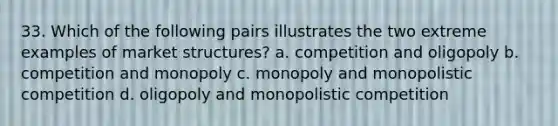 33. Which of the following pairs illustrates the two extreme examples of market structures? a. competition and oligopoly b. competition and monopoly c. monopoly and monopolistic competition d. oligopoly and monopolistic competition