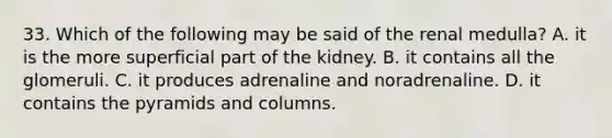 33. Which of the following may be said of the renal medulla? A. it is the more superficial part of the kidney. B. it contains all the glomeruli. C. it produces adrenaline and noradrenaline. D. it contains the pyramids and columns.