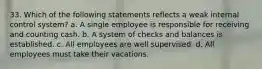 33. Which of the following statements reflects a weak internal control system? a. A single employee is responsible for receiving and counting cash. b. A system of checks and balances is established. c. All employees are well supervised. d. All employees must take their vacations.