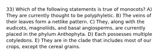 33) Which of the following statements is true of monocots? A) They are currently thought to be polyphyletic. B) The veins of their leaves form a netlike pattern. C) They, along with the eudicots, magnoliids, and basal angiosperms, are currently placed in the phylum Anthophyta. D) Each possesses multiple cotyledons. E) They are in the clade that includes most of our crops, except the cereal grains.