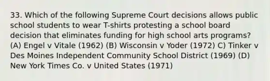 33. Which of the following Supreme Court decisions allows public school students to wear T-shirts protesting a school board decision that eliminates funding for high school arts programs? (A) Engel v Vitale (1962) (B) Wisconsin v Yoder (1972) C) Tinker v Des Moines Independent Community School District (1969) (D) New York Times Co. v United States (1971)