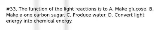 #33. The function of the light reactions is to A. Make glucose. B. Make a one carbon sugar. C. Produce water. D. Convert light energy into chemical energy.