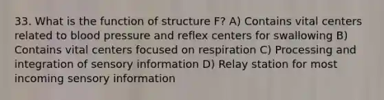 33. What is the function of structure F? A) Contains vital centers related to blood pressure and reflex centers for swallowing B) Contains vital centers focused on respiration C) Processing and integration of sensory information D) Relay station for most incoming sensory information