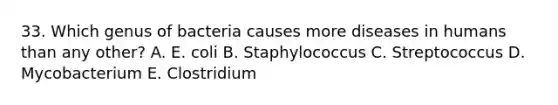 33. Which genus of bacteria causes more diseases in humans than any other? A. E. coli B. Staphylococcus C. Streptococcus D. Mycobacterium E. Clostridium