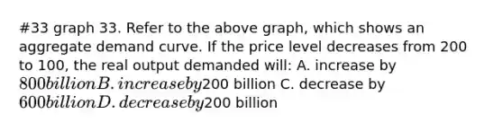 #33 graph 33. Refer to the above graph, which shows an aggregate demand curve. If the price level decreases from 200 to 100, the real output demanded will: A. increase by 800 billion B. increase by200 billion C. decrease by 600 billion D. decrease by200 billion