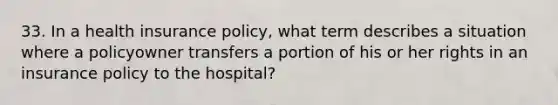 33. In a health insurance policy, what term describes a situation where a policyowner transfers a portion of his or her rights in an insurance policy to the hospital?