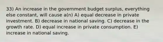 33) An increase in the government budget surplus, everything else constant, will cause a(n) A) equal decrease in private investment. B) decrease in national saving. C) decrease in the growth rate. D) equal increase in private consumption. E) increase in national saving.