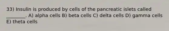 33) Insulin is produced by cells of the pancreatic islets called ________. A) alpha cells B) beta cells C) delta cells D) gamma cells E) theta cells