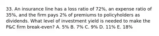 33. An insurance line has a loss ratio of 72%, an expense ratio of 35%, and the firm pays 2% of premiums to policyholders as dividends. What level of investment yield is needed to make the P&C firm break-even? A. 5% B. 7% C. 9% D. 11% E. 18%