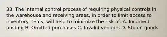 33. The internal control process of requiring physical controls in the warehouse and receiving areas, in order to limit access to inventory items, will help to minimize the risk of: A. Incorrect posting B. Omitted purchases C. Invalid vendors D. Stolen goods