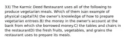 33) The Karmic Deed Restaurant uses all of the following to produce vegetarian meals. Which of them isan example of physical capital?A) the owner's knowledge of how to prepare vegetarian entrees.B) the money in the owner's account at the bank from which she borrowed money.C) the tables and chairs in the restaurantD) the fresh fruits, vegetables, and grains the restaurant uses to prepare its meals.