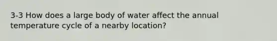 3-3 How does a large body of water affect the annual temperature cycle of a nearby location?