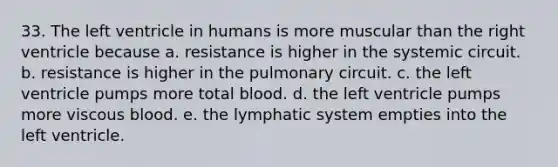 33. The left ventricle in humans is more muscular than the right ventricle because a. resistance is higher in the systemic circuit. b. resistance is higher in the pulmonary circuit. c. the left ventricle pumps more total blood. d. the left ventricle pumps more viscous blood. e. the lymphatic system empties into the left ventricle.