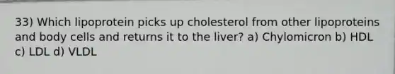 33) Which lipoprotein picks up cholesterol from other lipoproteins and body cells and returns it to the liver? a) Chylomicron b) HDL c) LDL d) VLDL