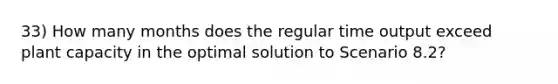 33) How many months does the regular time output exceed plant capacity in the optimal solution to Scenario 8.2?