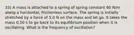 33) A mass is attached to a spring of spring constant 60 N/m along a horizontal, frictionless surface. The spring is initially stretched by a force of 5.0 N on the mass and let go. It takes the mass 0.50 s to go back to its equilibrium position when it is oscillating. What is the frequency of oscillation?