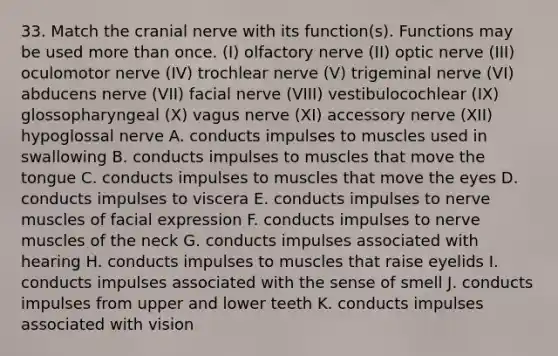 33. Match the cranial nerve with its function(s). Functions may be used more than once. (I) olfactory nerve (II) optic nerve (III) oculomotor nerve (IV) trochlear nerve (V) trigeminal nerve (VI) abducens nerve (VII) facial nerve (VIII) vestibulocochlear (IX) glossopharyngeal (X) vagus nerve (XI) accessory nerve (XII) hypoglossal nerve A. conducts impulses to muscles used in swallowing B. conducts impulses to muscles that move the tongue C. conducts impulses to muscles that move the eyes D. conducts impulses to viscera E. conducts impulses to nerve muscles of facial expression F. conducts impulses to nerve muscles of the neck G. conducts impulses associated with hearing H. conducts impulses to muscles that raise eyelids I. conducts impulses associated with the sense of smell J. conducts impulses from upper and lower teeth K. conducts impulses associated with vision