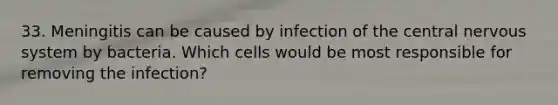 33. Meningitis can be caused by infection of the central nervous system by bacteria. Which cells would be most responsible for removing the infection?