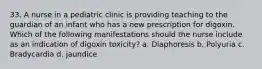 33. A nurse in a pediatric clinic is providing teaching to the guardian of an infant who has a new prescription for digoxin. Which of the following manifestations should the nurse include as an indication of digoxin toxicity? a. Diaphoresis b. Polyuria c. Bradycardia d. jaundice