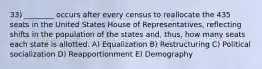 33) ________ occurs after every census to reallocate the 435 seats in the United States House of Representatives, reflecting shifts in the population of the states and, thus, how many seats each state is allotted. A) Equalization B) Restructuring C) Political socialization D) Reapportionment E) Demography